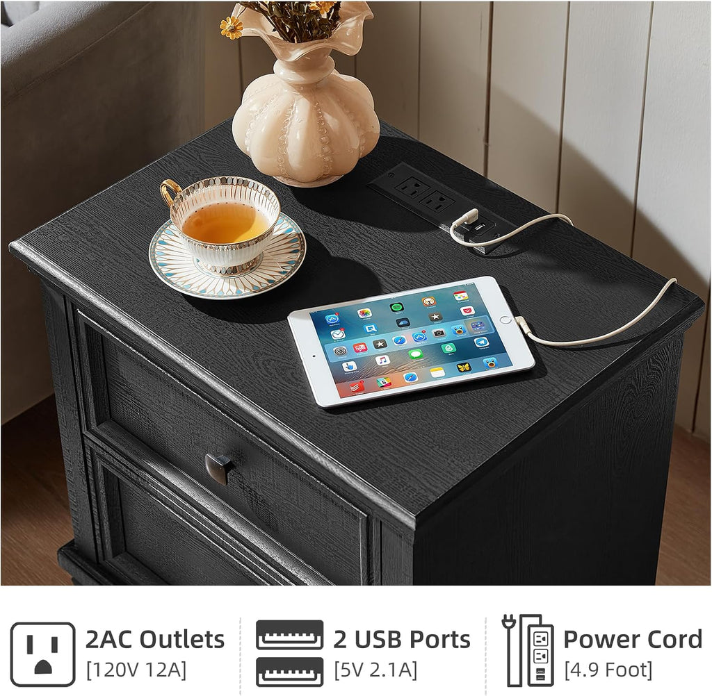 SAVOR LIFE Farmhouse Nightstand Set of 2, Rustic Low Nightstands with 2 Drawers & Charging Station, Vintage Night Stands with 4 Square Solid Wood Legs, Small Dresser for Bedroom, Home, Black
