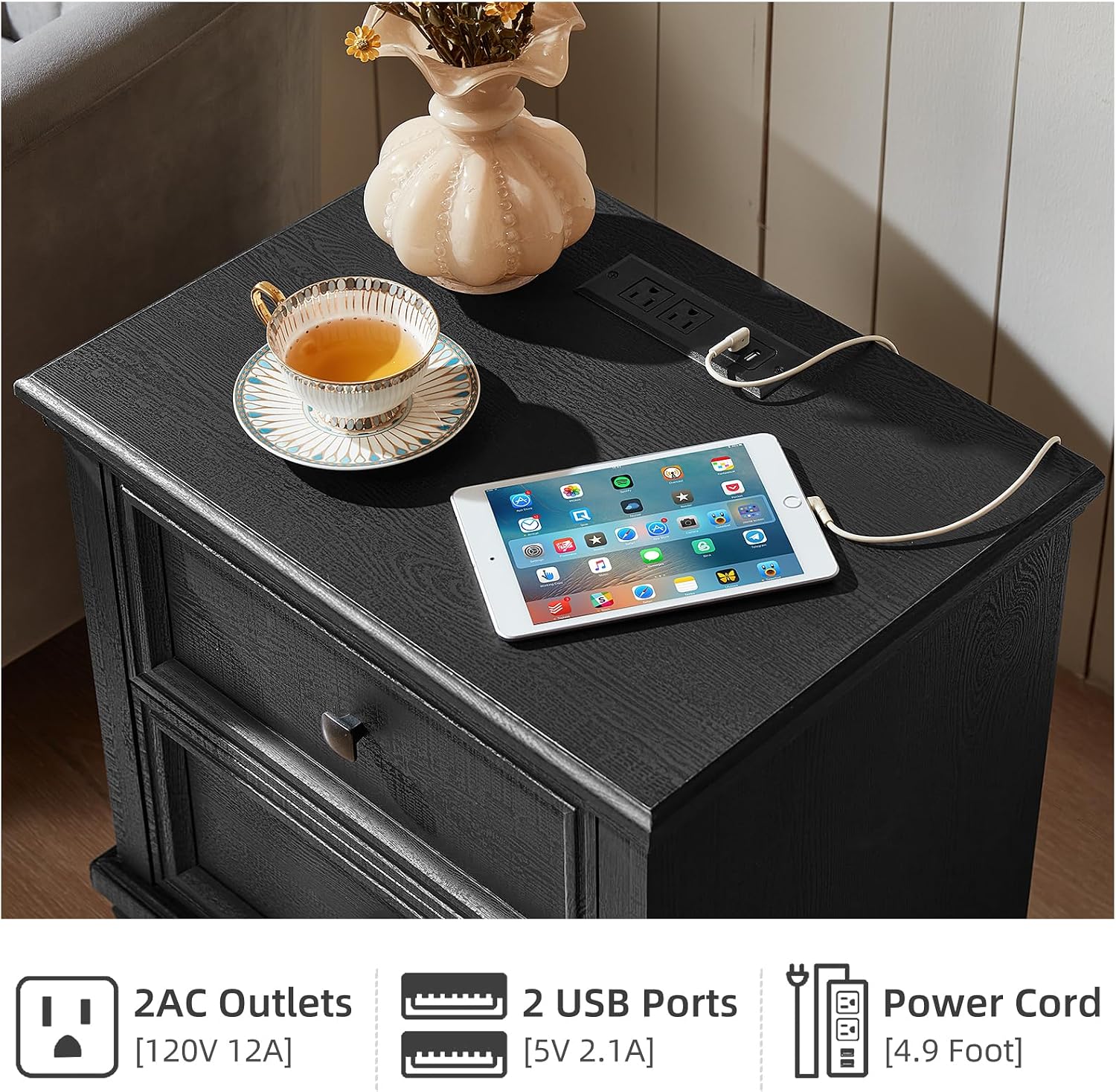 SAVOR LIFE Farmhouse Nightstand Set of 2, Rustic Low Nightstands with 2 Drawers & Charging Station, Vintage Night Stands with 4 Square Solid Wood Legs, Small Dresser for Bedroom, Home, Black