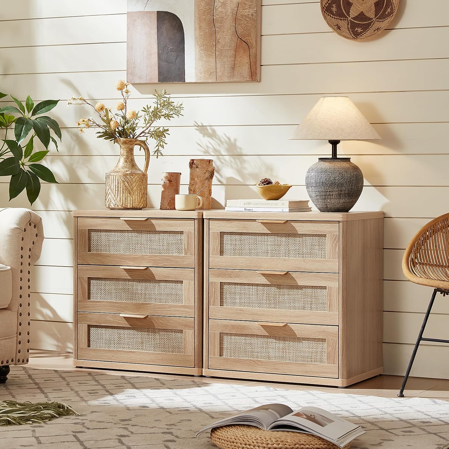 LEYAOYAO Rattan Night Stand Set of 2 with Drawers, 23' Large 3 Drawer Boho Nightstand, Natural Wood Bedside Table Storage Cabinet, Bed Side End Tables Dresser for Bedroom, Living Room, Hallway, Closet