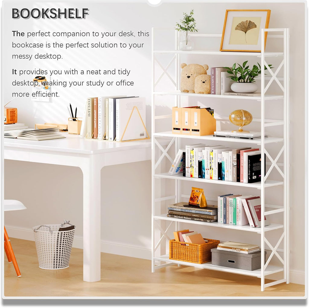 4NM Extra Wide 6 Tiers No Assembly Book Shelves, 61.8' H Folding Bookshelf Bookcase Open Industrial Foldable Shelves for Bedroom, Living Room, Home Office - All White