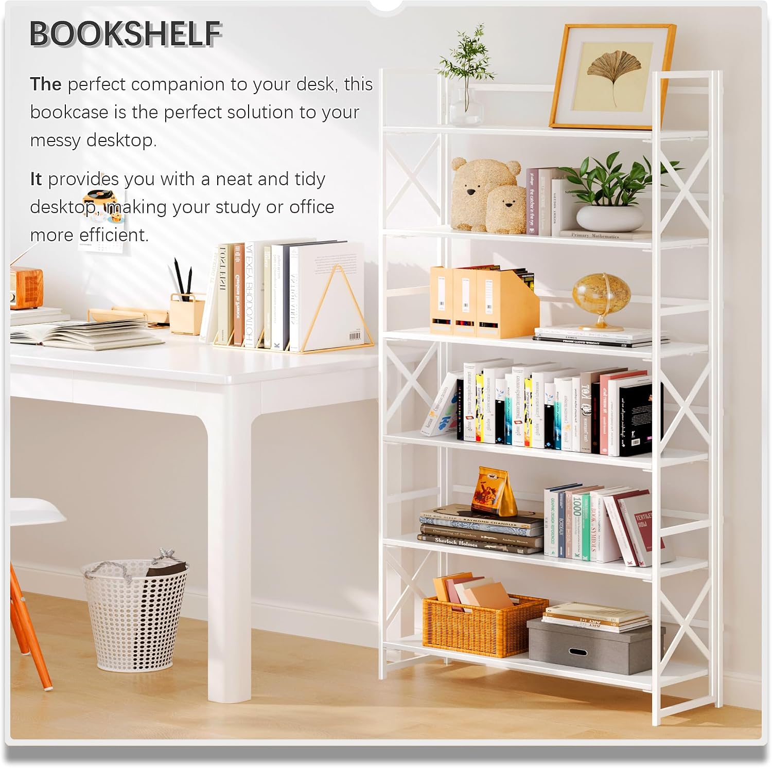 4NM Extra Wide 6 Tiers No Assembly Book Shelves, 61.8' H Folding Bookshelf Bookcase Open Industrial Foldable Shelves for Bedroom, Living Room, Home Office - All White