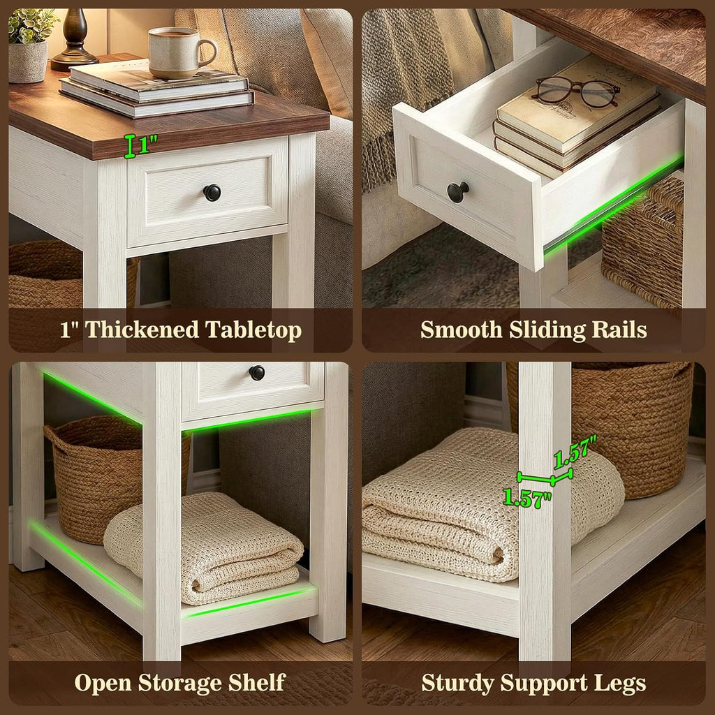 Narrow End Table Set of 2 with Charging Station - Farmhouse Side Tables with Drawer, 14' Wood Nightstands Set of 2 for Bedroom Living Room, Slim Couch Bedside Table Small Spaces, Antique White & Brown