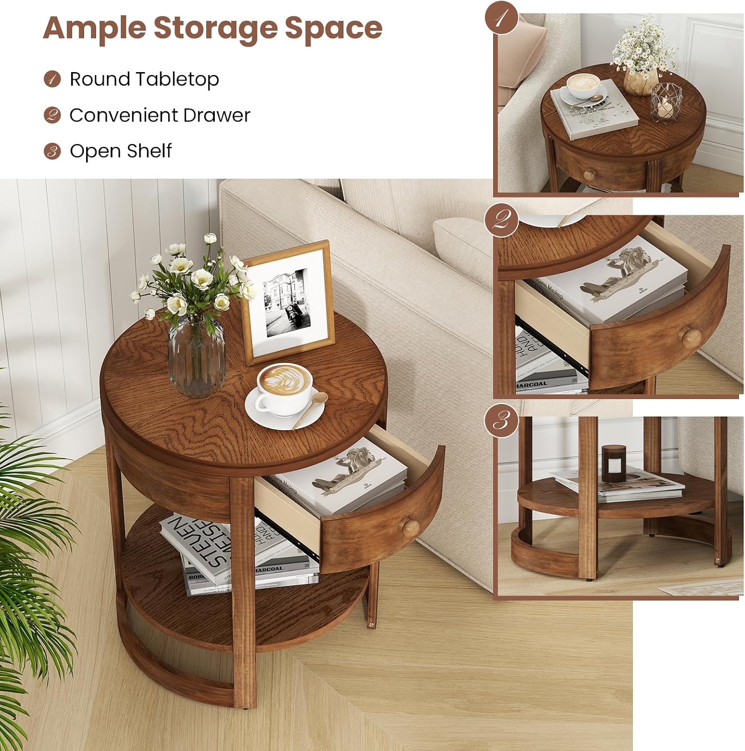 Giantex Round Side Table Set of 2, 2-Tier Wooden End Table with Drawer and Shelf, Vintage Wood Grain Finish, Retro Circle Night Stand for Living Room Bedroom, Walnut