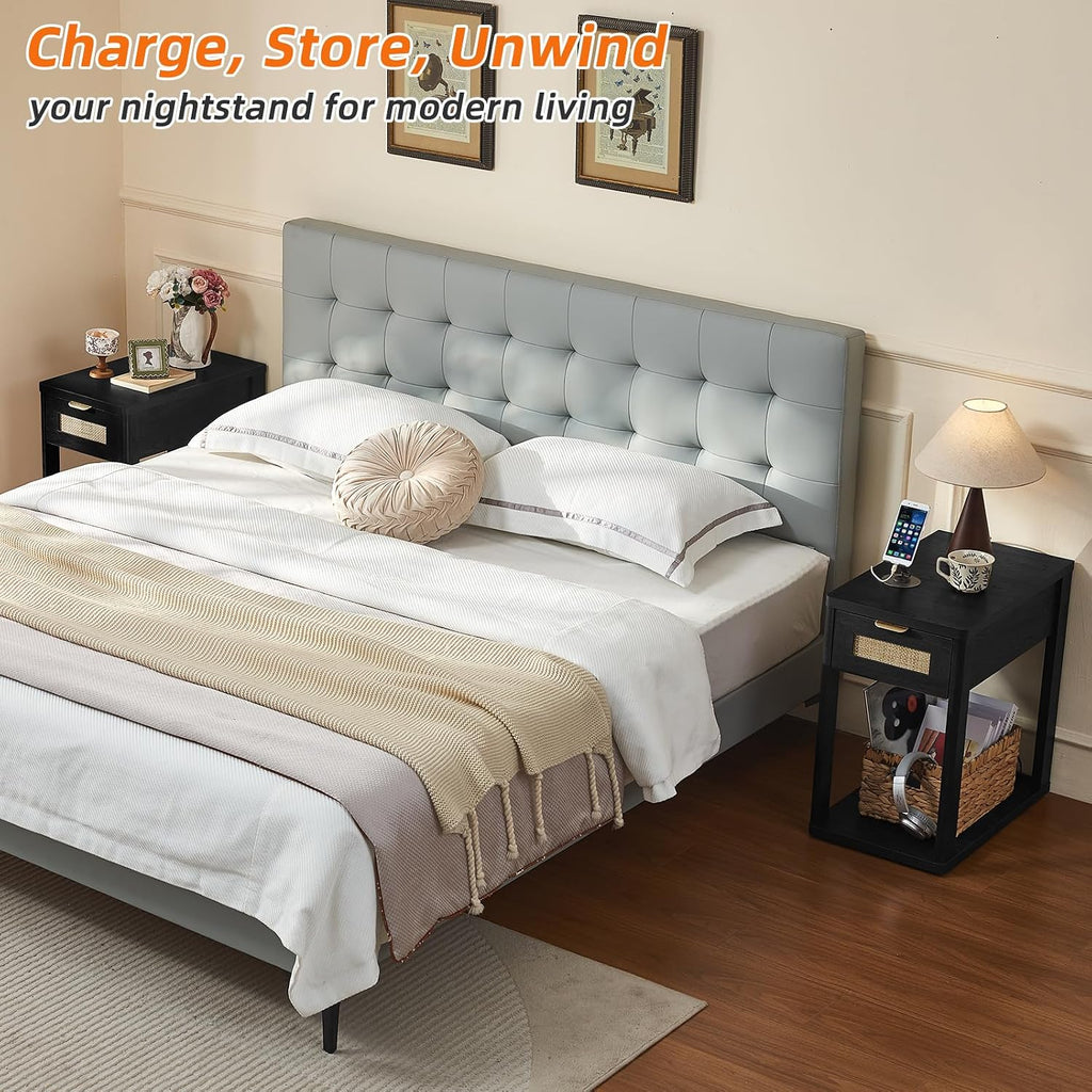 LEYAOYAO Narrow Side Table Set of 2, 24'' Night Stand with Charging Station, Rattan Nightstand with Drawer Storage, Bedside End Table with Small Spaces, Wood Boho Nightstand for Living Room Bedroom