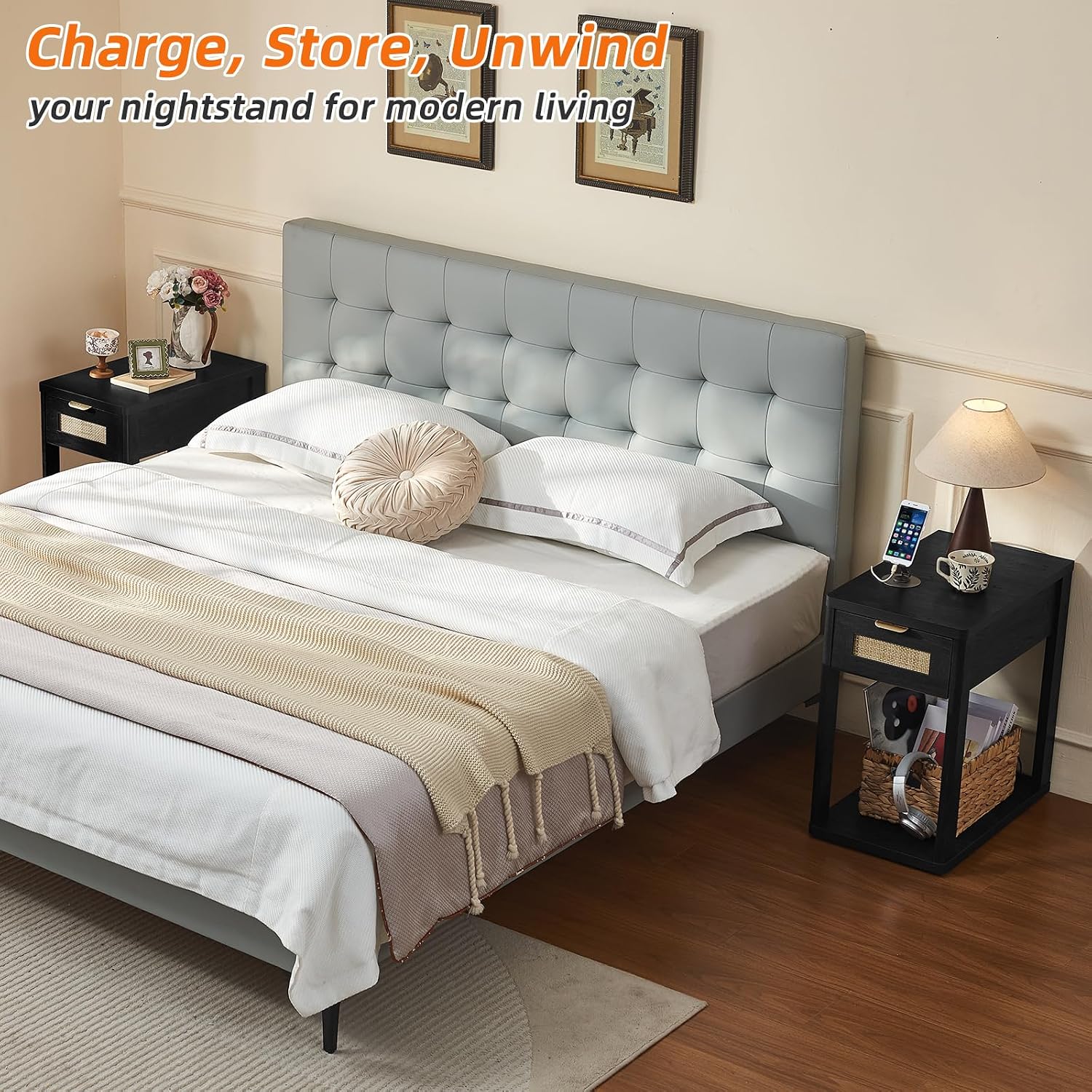 LEYAOYAO Narrow Side Table Set of 2, 24'' Night Stand with Charging Station, Rattan Nightstand with Drawer Storage, Bedside End Table with Small Spaces, Wood Boho Nightstand for Living Room Bedroom