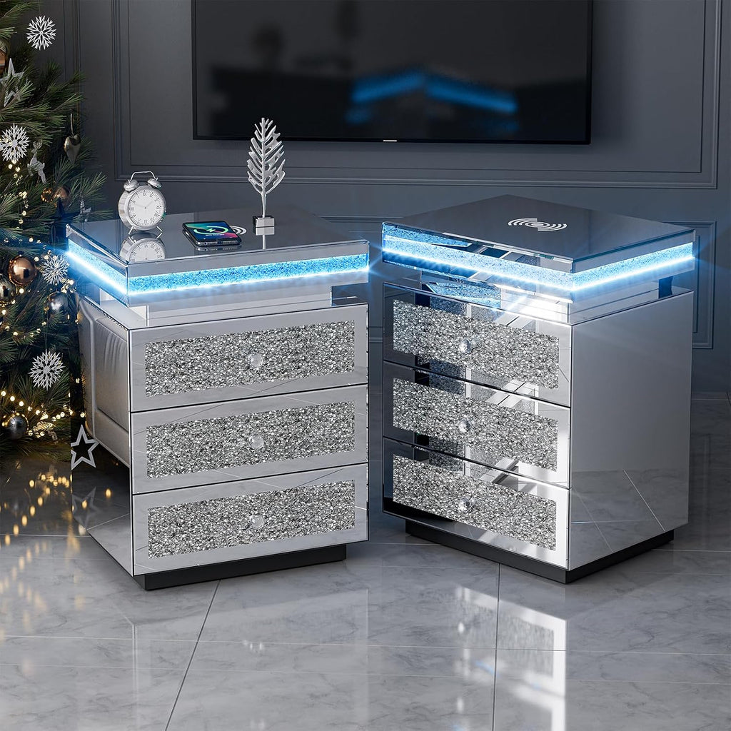 IKIFLY Mirrored Nightstand Set of 2, LED End Table with Wireless Charging Station, Modern Accent Side Table with 3 Crushed Diamond Drawers for Living Room, Bedroom and Office