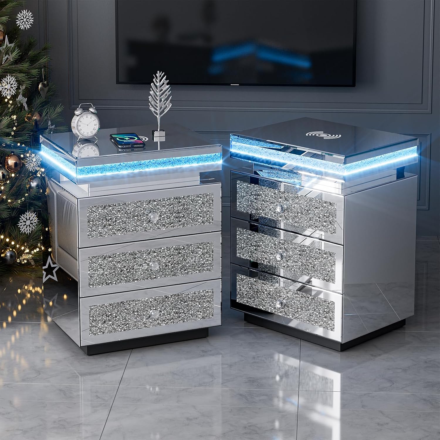IKIFLY Mirrored Nightstand Set of 2, LED End Table with Wireless Charging Station, Modern Accent Side Table with 3 Crushed Diamond Drawers for Living Room, Bedroom and Office