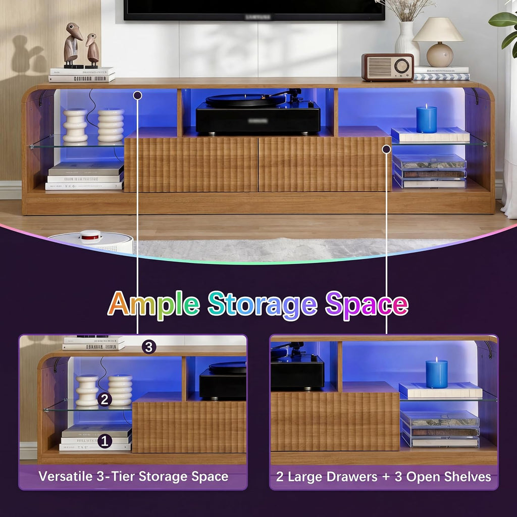 Mid Century Modern TV Stand for 55 60 65 70 75 Inch TVs, Fluted TV Stands for Living Room with LED Lights, 63'' Entertainment Center with 2 Large Drawers & Glass Shelves, Walnut