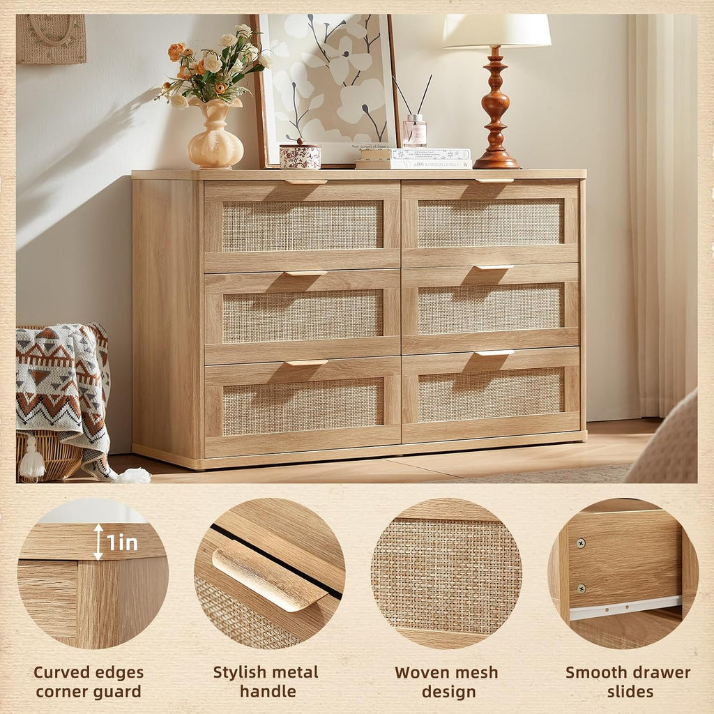 LEYAOYAO Rattan 6 Drawer Dresser for Bedroom, Boho 48' Wide Natural Wood Dresser Chest of Drawers, Dressers TV Stand with Metal Handle, Storage Dressers Closet Organizer for Living Room, Hallway