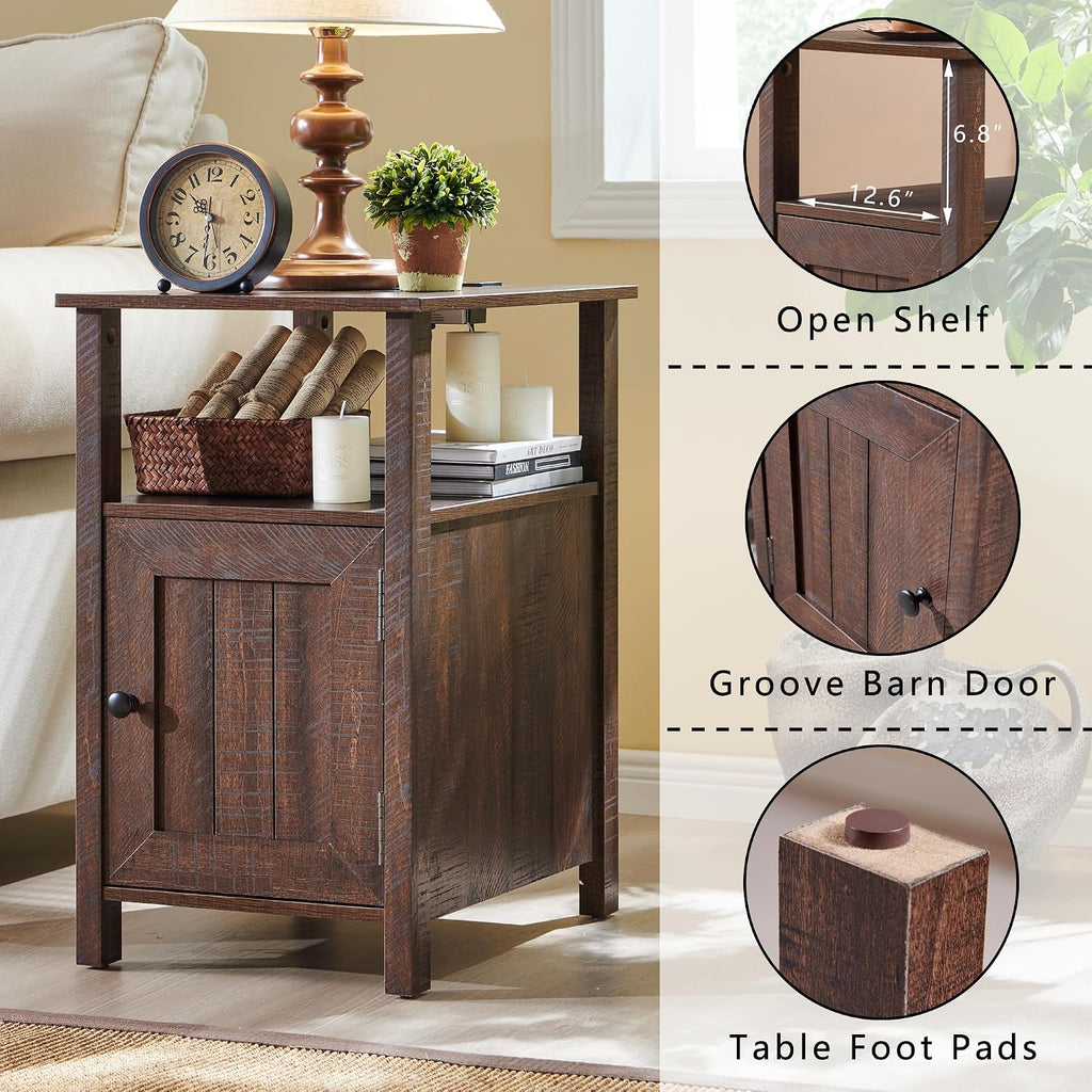 IFGET Farmhouse Nightstand Set of 2, End Table with Charging Station, Rustic Side Table w/Barn Door & Open Shelves, Bedside Table w/Storage Space and Storage Cabinet for Bedroom, Living Room (Brown)