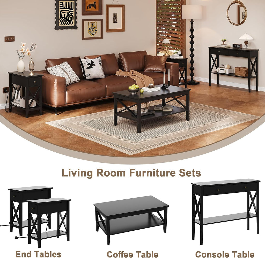 ChooChoo End Table Set of 2 with Charging Station, Narrow End Table with USB Ports and Outlets, Small Side Table Nightstand with Drawer for Living Room, Bedroom, Black