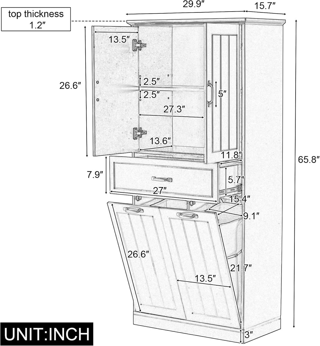 Bathroom Storage Cabinet with 2 Removable Bins, 65.8 in Tall | MDF, painted finish, adjustable shelf, 2 removable bins, enclosed storage, anti-tip, bathroom, 29.9 W x 15.7 D x 65.8 H in