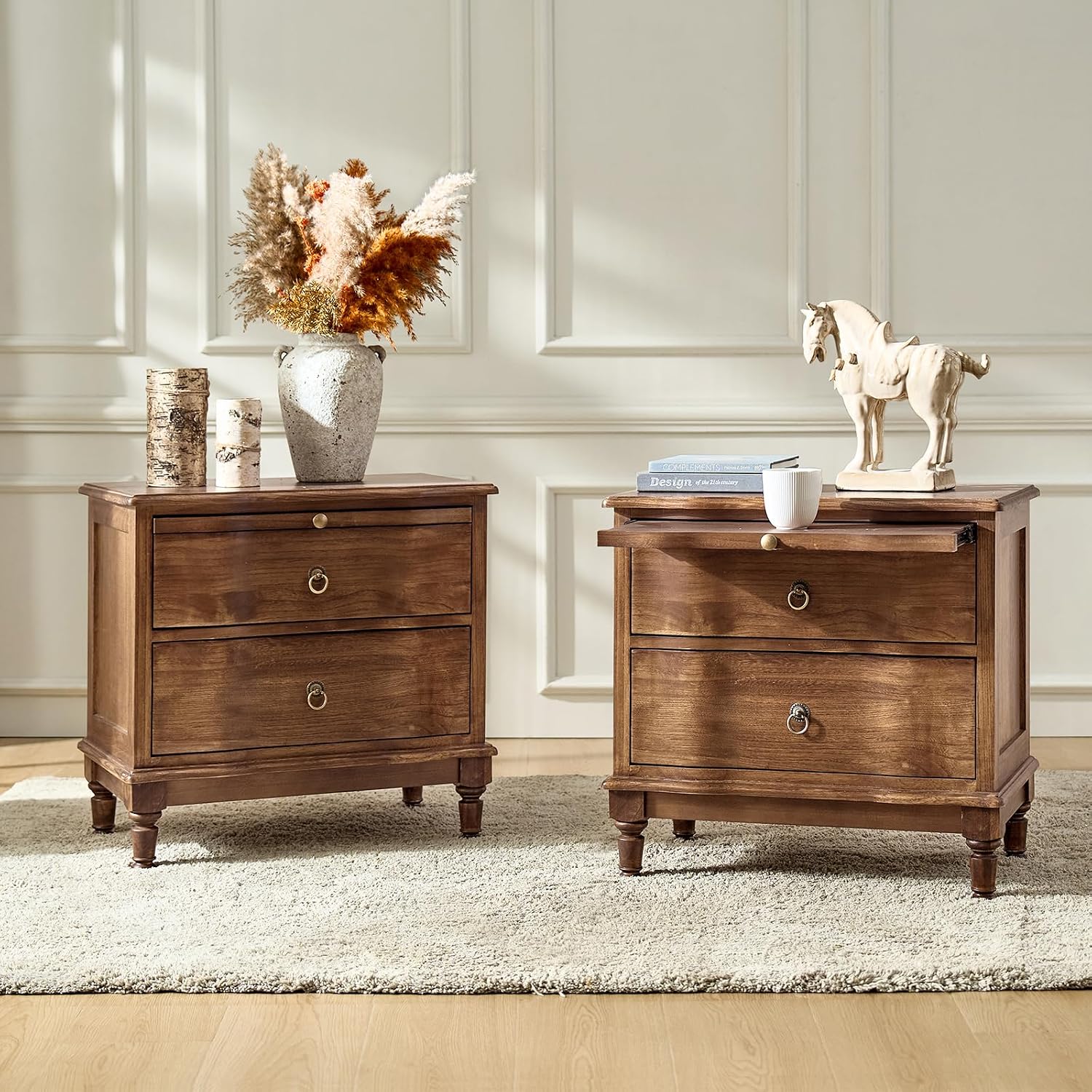 HULALA HOME Solid Wood Storage End Tables with Hidden Pull-Out Shelf, Transitional 2 Drawer Side Tables with Charging Station, Large SideTables with USB Ports, Easy Assembly, (Set of 2, Cherry)