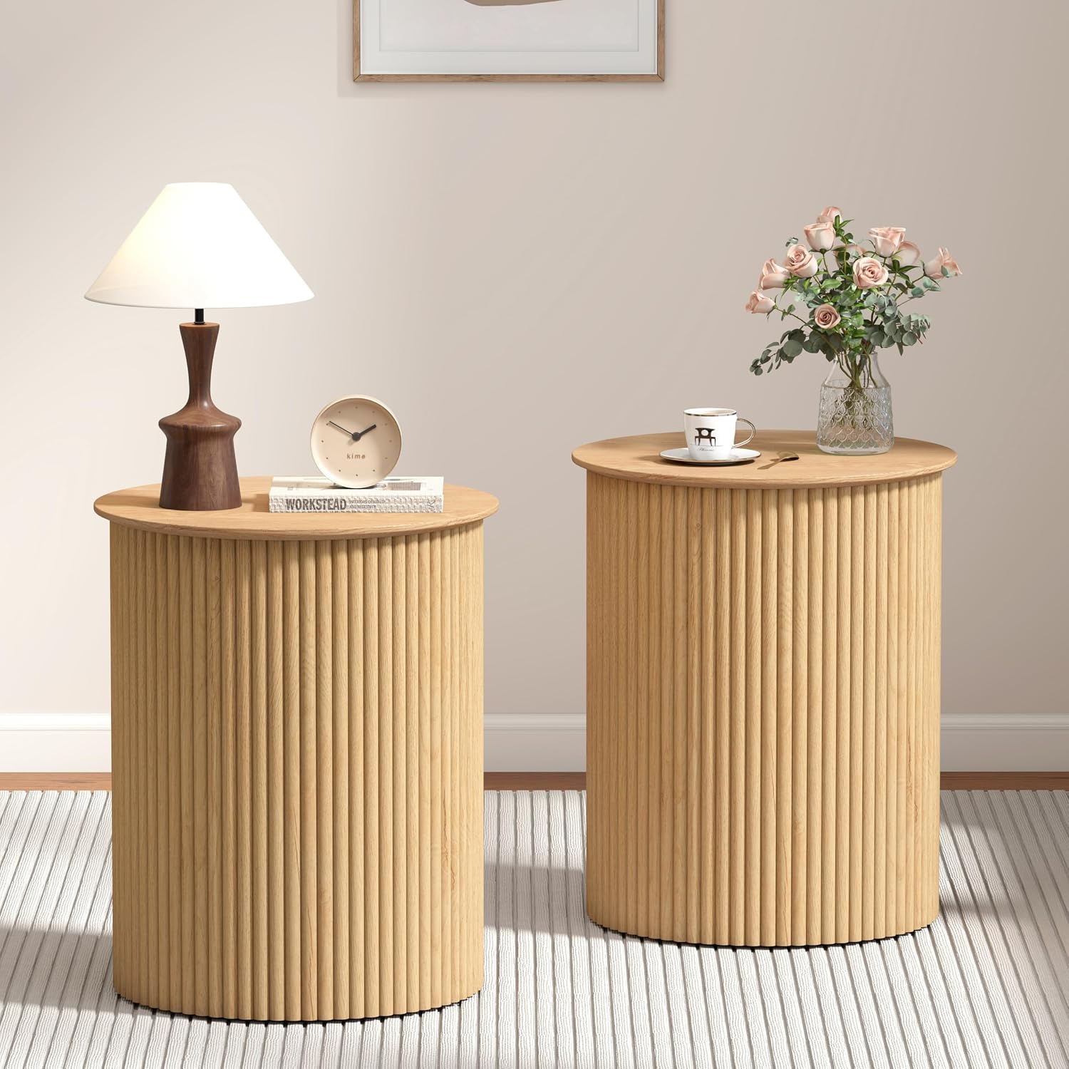 Round Fluted Side Table Set of 2, 17.7' Mid-Century Modern End Tables, Wooden Bedside Table Round Nightstand Small Circle Sofa Accent Table for Living Room, Bedroom Home(Natural)