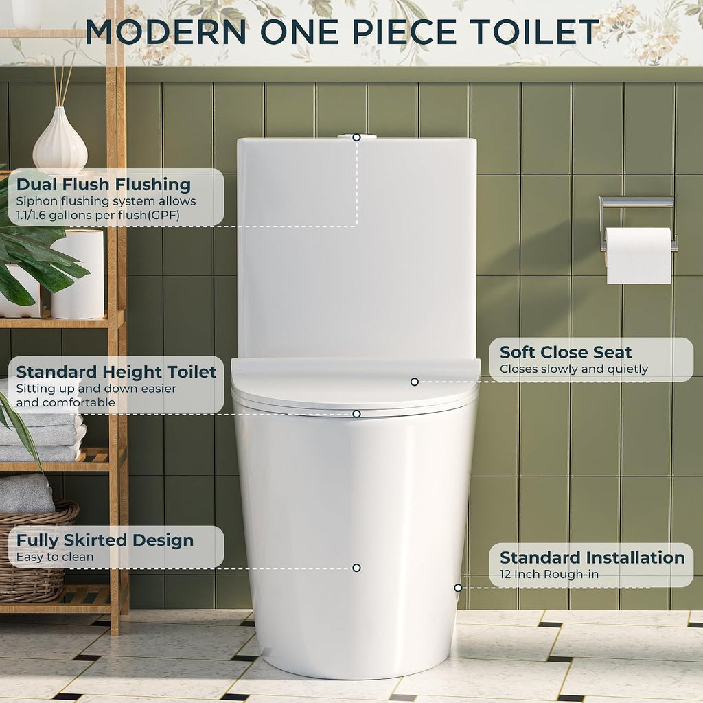 Modern One Piece Toilet, 1.1/1.6 GPF Elongated Dual Flush Toilet with Soft Closing Seat, Standard Modern Toilet for Bathroom, 12' Rough-In (White)