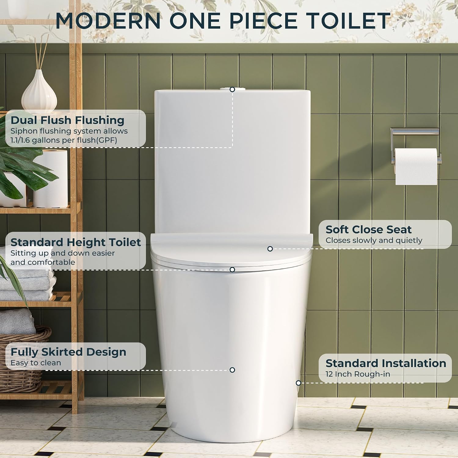 Modern One Piece Toilet, 1.1/1.6 GPF Elongated Dual Flush Toilet with Soft Closing Seat, Standard Modern Toilet for Bathroom, 12' Rough-In (White)