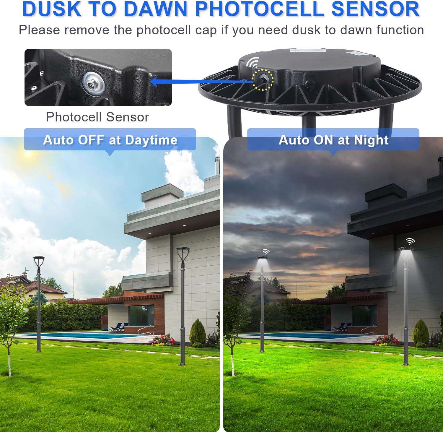 LED Post Top Light with Dusk to Dawn Photocell, 20W/30W/40W/60W Power Tunable, 3CCT 3000K/4000K/5000K Outdoor Post Pole Lights, IP65 LED Circular Area Light for Garden Yard Street, ETL Listed