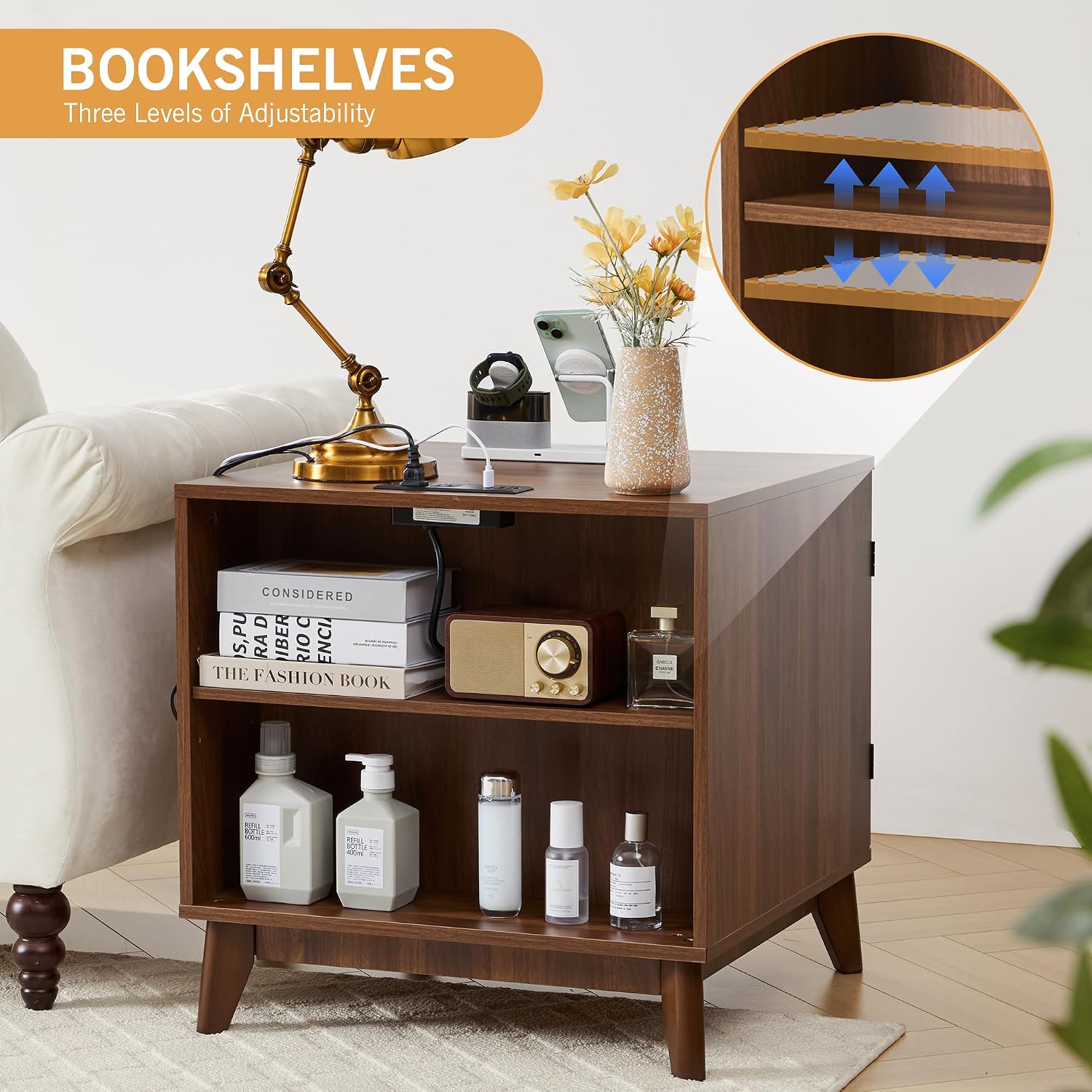 Fluted End Table with Charging Station, 2 Door Side Table with Storage, Mid Century Modern Nightstand for Bedroom Bedside, Living Room Couch Sofa, Office, Desk Side Table for Small Spaces-Walnut