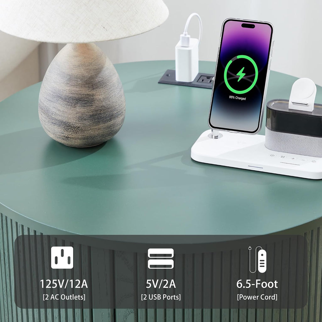 24 Inch Round Nightstand with Charging Station, Green Mid-Century Modern End Side Table with Fulted Sliding Door, Unique Vintage Bedside Table with Storage for Sofa, Couch, Bed (Round, Green)