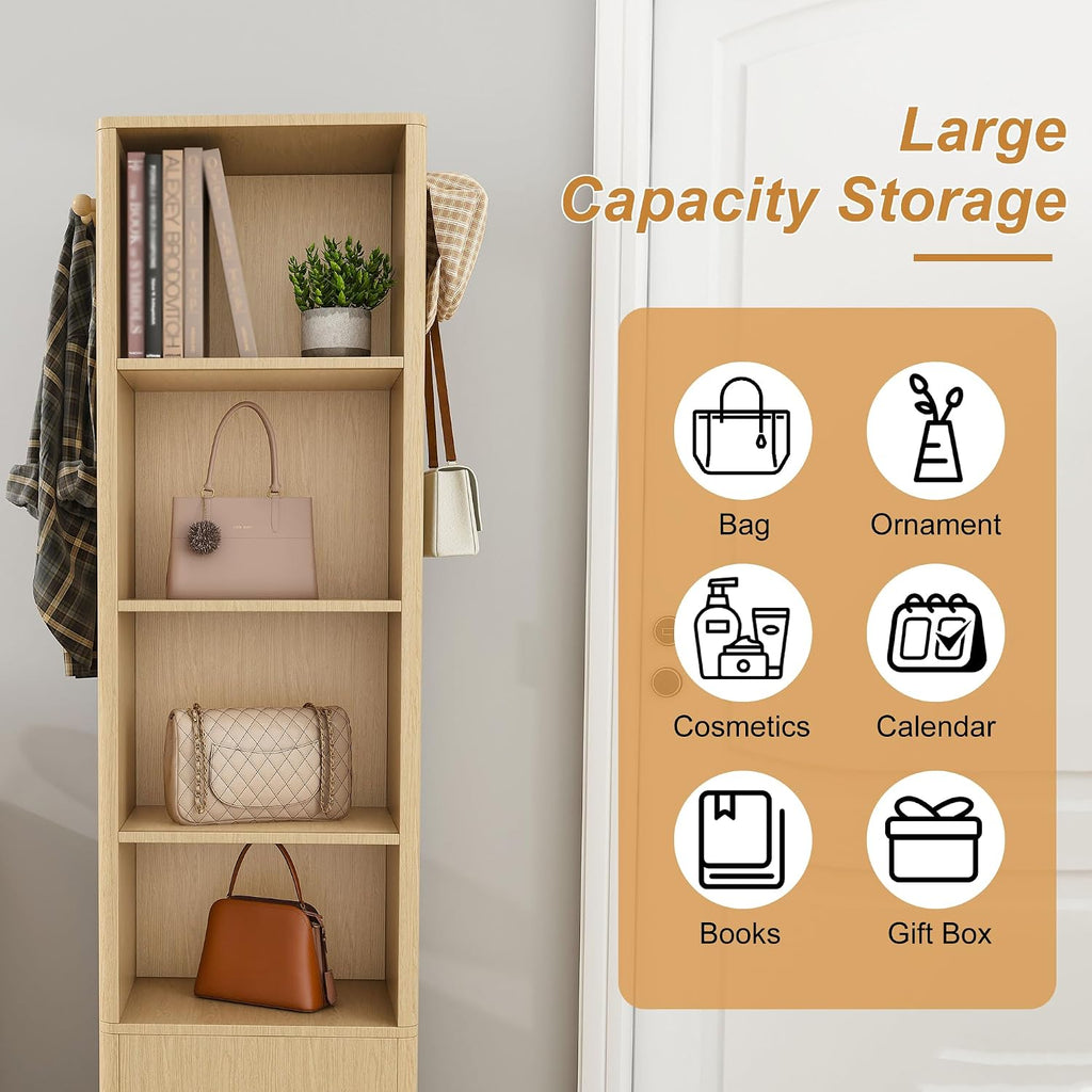 360° Rotating Makeup Cabinet Walnut, Jewelry Cabinet with Full-Length Mirror, Standing Storage Cabinet with Coat Rack, 4 Open & 2 Built-in Shelves for Bedroom Bathroom