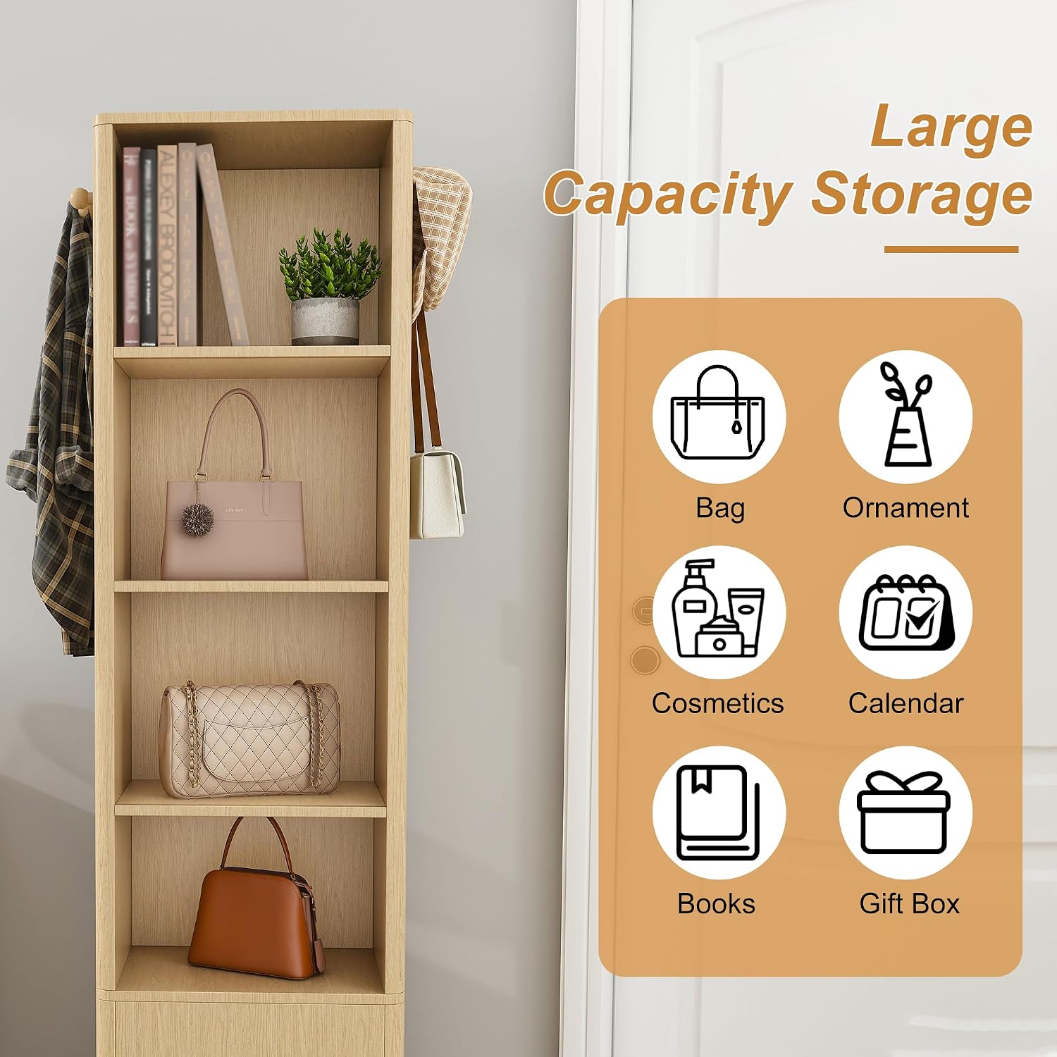 360° Rotating Makeup Cabinet Walnut, Jewelry Cabinet with Full-Length Mirror, Standing Storage Cabinet with Coat Rack, 4 Open & 2 Built-in Shelves for Bedroom Bathroom