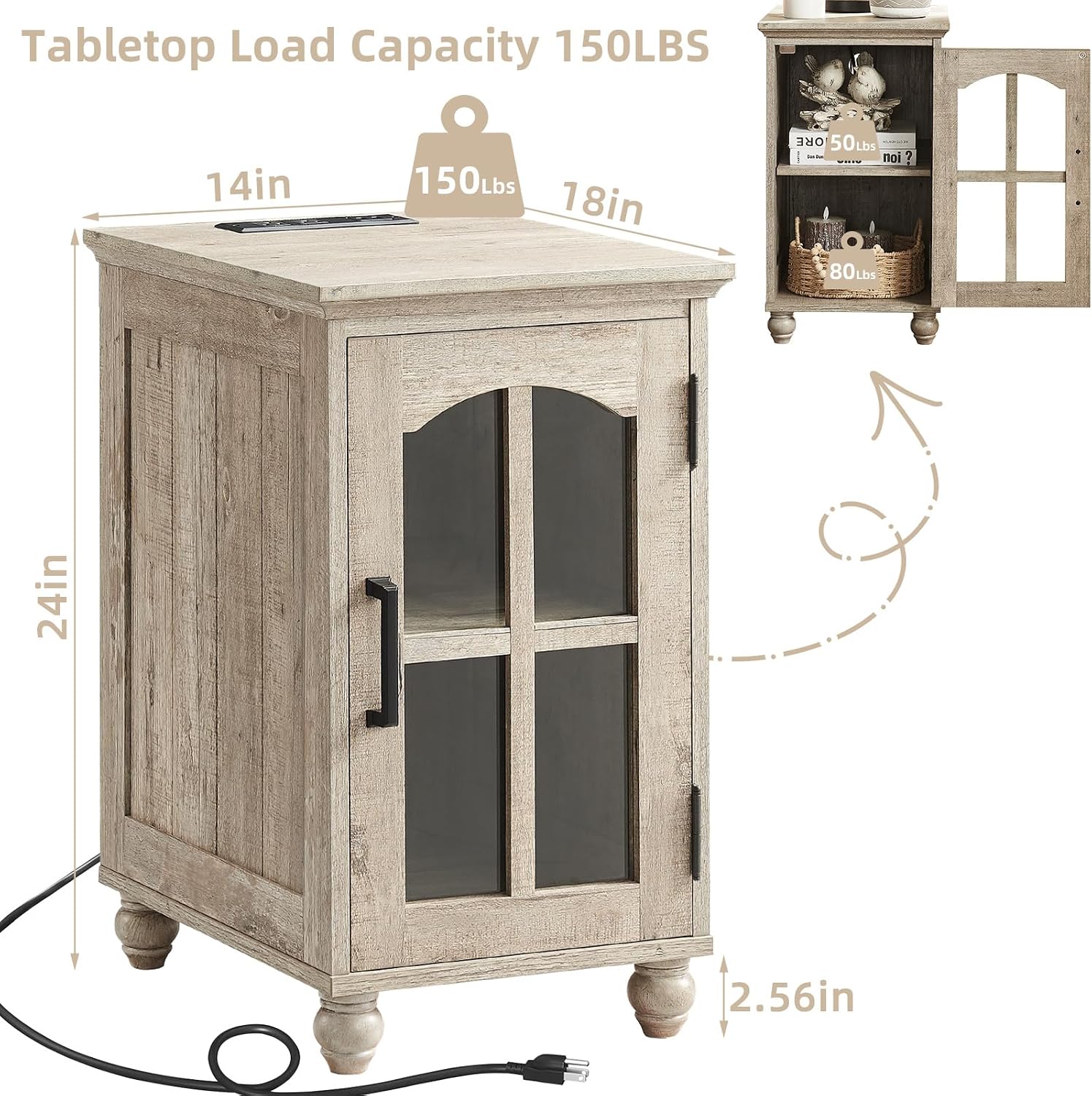 RWYHG Farmhouse End Table Set of 2 with Charging Station, 18'' Narrow Side Table and 24' Large Sofa Table with Glass Barn Door Storage, Wood Night Stand Bedside Cabinet for Living Room,Bedroom