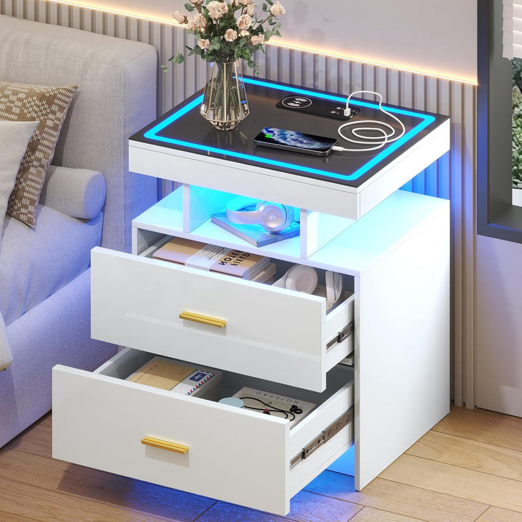LED Nightstand with Wireless Charging Station,White Night Stand with 2 Drawers,Glass Top Smart Bedside Table,Modern End Table Side for Bedroom,Living Room,Office