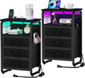 runjuly Large Nightstand Set of 2 with Charging Station, Bed Side Tables Bedroom Set of 2, Black Night Stand Set 2, Bedside Table with 3 Fabric Drawers, Night End Table with Storage for Bedroom, Dorm
