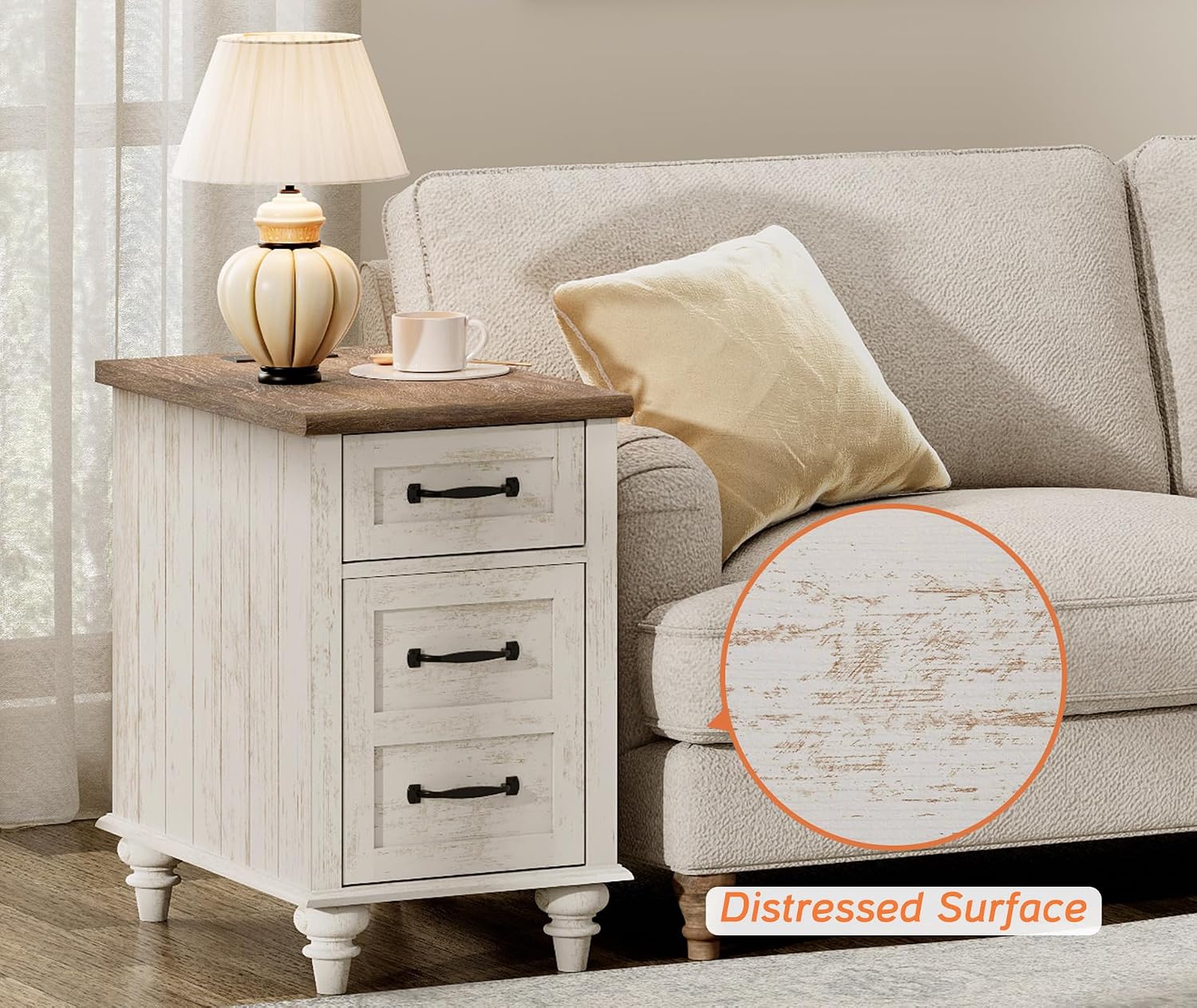 WAMPAT Set of 2 End Tables with Charging Station, Antique White Side Table with Storage Cabinet & Drawer, Wooden Nightstands with Power Outlets & Type-C USB Port for Bedroom