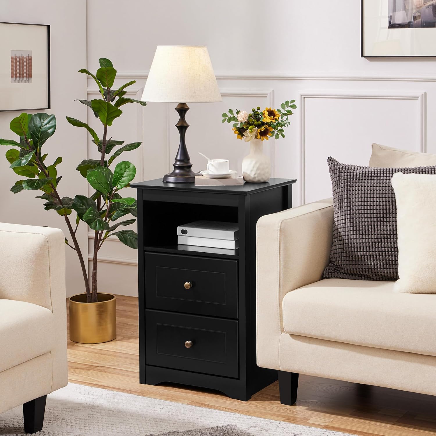 Yaheetech Nightstand Set of 2, Wooden Bedside Tables with 2 Drawer and Cubby, 2Pcs Tall Nightstand for Bedroom Small Space, Bedside Cabinet Telephone Table, 19″ L × 16″ W × 29″ H, Black