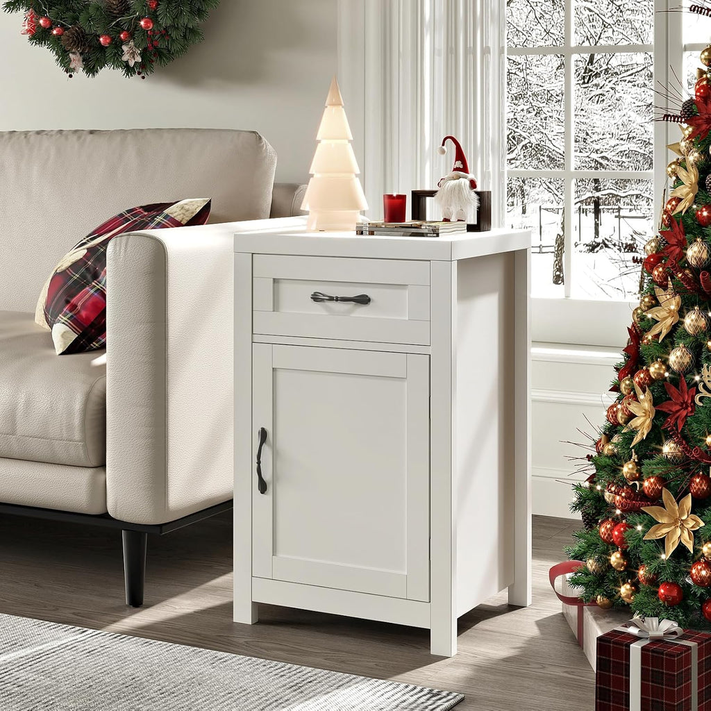 White Nightstand Set of 2 with Drawer, Farmhouse End Table with Storage Cabinet and Adjustable Shelf, 30' Tall Bedside Table Rustic Wood Sofa Side Table for Living Room, Bedroom