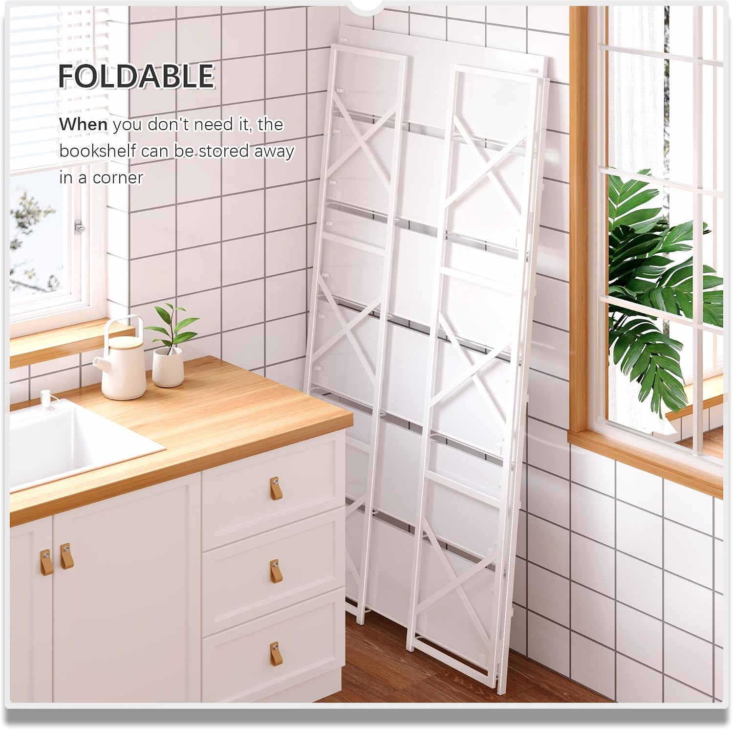4NM Extra Wide 6 Tiers No Assembly Book Shelves, 61.8' H Folding Bookshelf Bookcase Open Industrial Foldable Shelves for Bedroom, Living Room, Home Office - All White