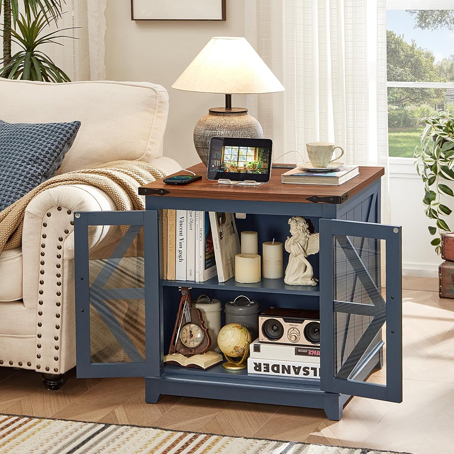 Joaxswe Farmhouse End Table Set 3, Narrow 18'' Night Stand with Glass Barn Door, 24' Square Side Table with Charger Station, Living Room Furniture Sets, Wood Nightstand Bedside Tables for Bedroom