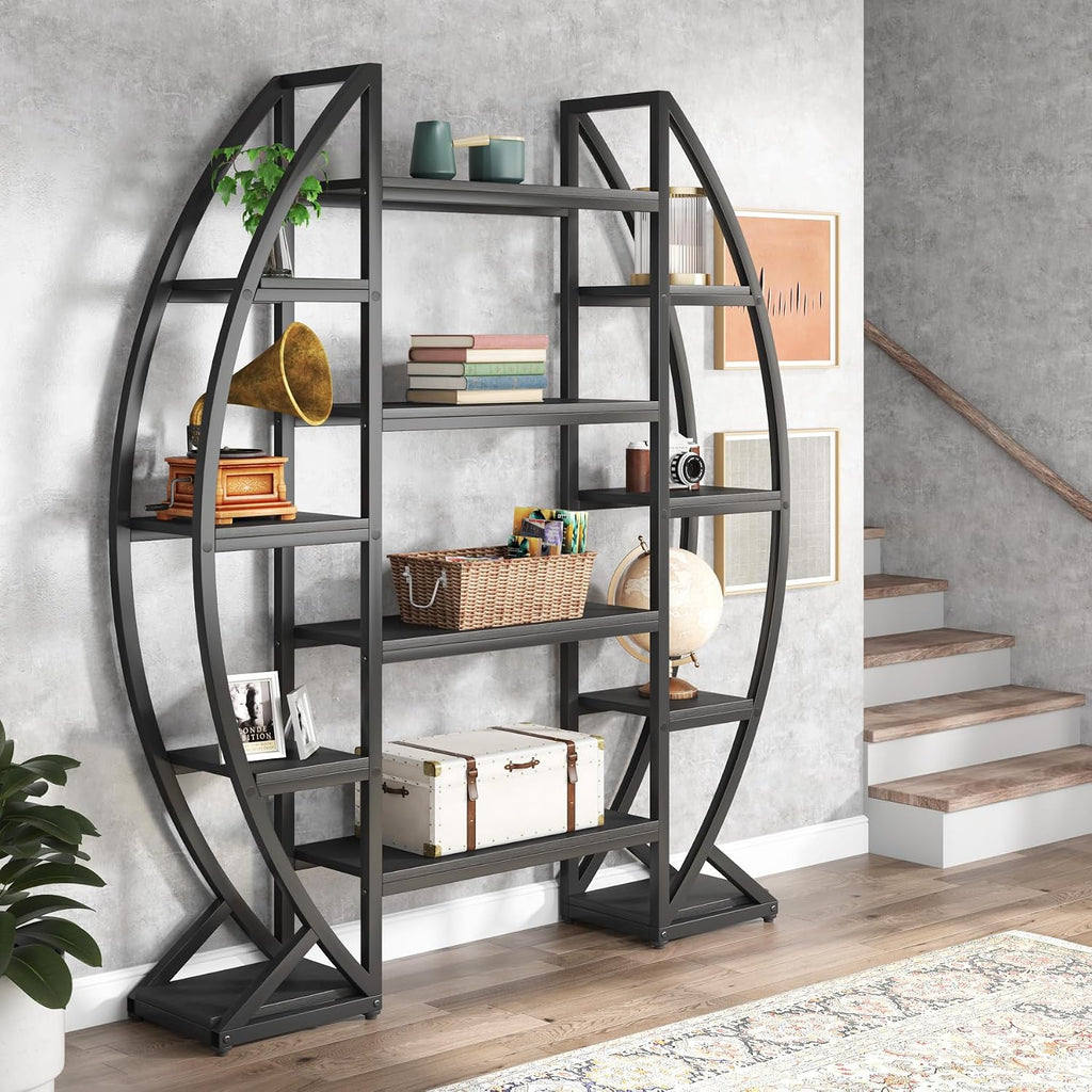 Tribesigns Oval Bookshelf, Triple Wide 5 Tiers Etagere Bookcases, Industrial Display Shelves for Living Room (55', Black)