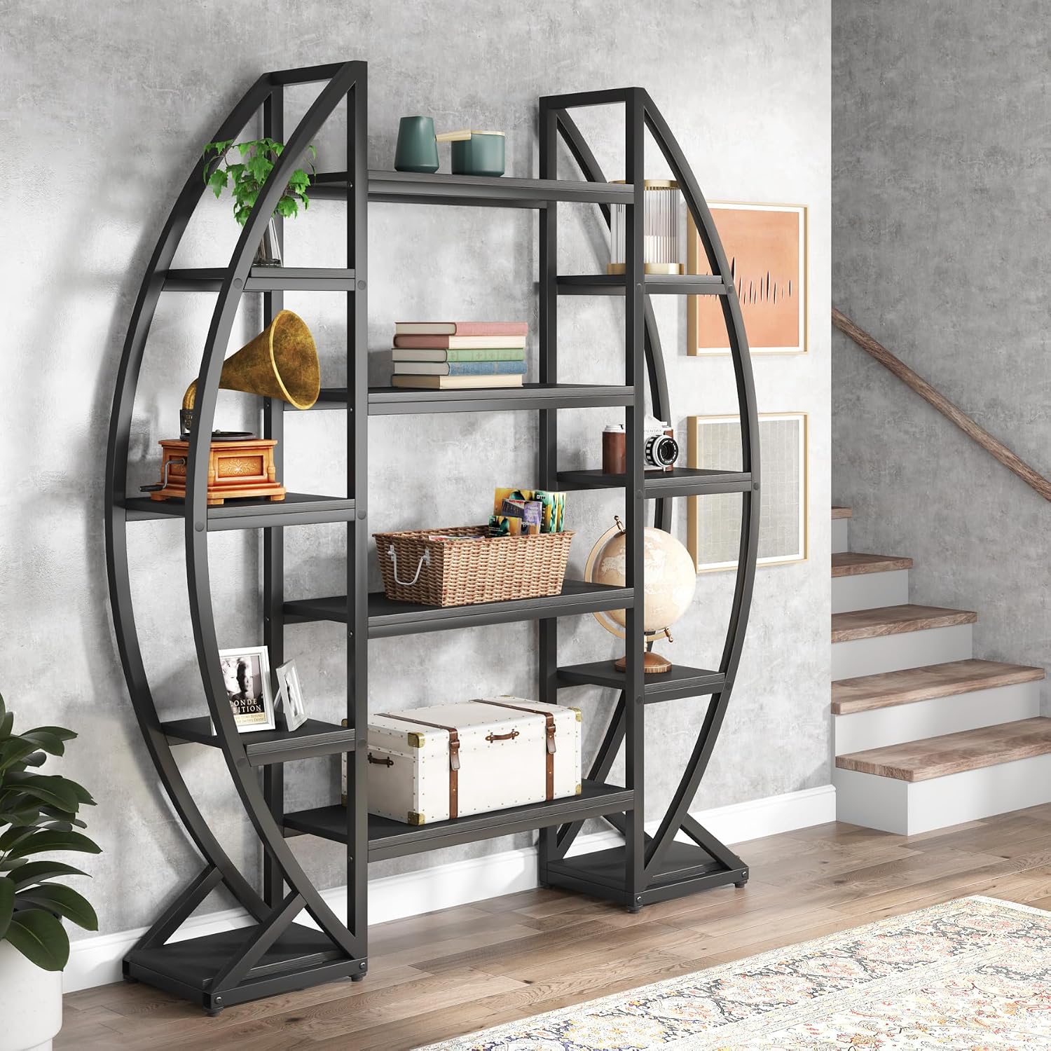 Tribesigns Oval Bookshelf, Triple Wide 5 Tiers Etagere Bookcases, Industrial Display Shelves for Living Room (55', Black)