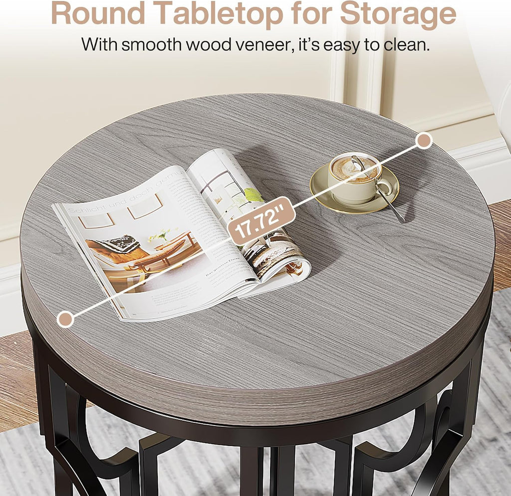 Tribesigns Round End Table Set of 2, Industrial Side Table with Metal Hollow Frame, Small Bedside Table Nightstand for Living Room, Bedroom, Easy Assembly (Grey,2 PCS)