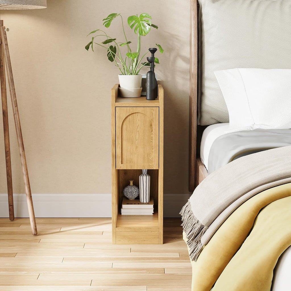 Narrow Nightstands Set of 2, Slim Bedside Tables with Raised Edge Top, Arched Drawer & Open Shelf, Modern Wooden Small End Tables for Bedroom Small Spaces (2, Natural)