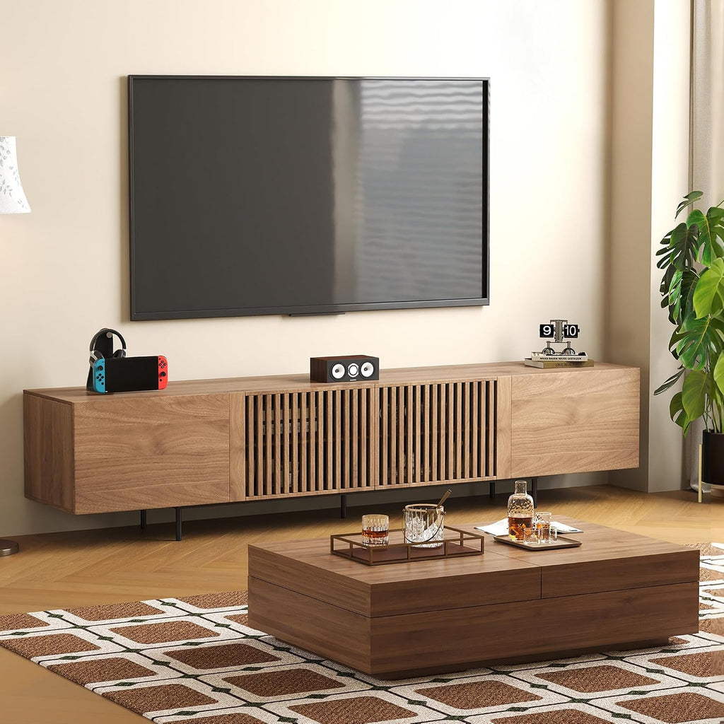 Mid-Century Modern 94.48' TV Stand and Expandable Coffee Table Set, Large Walnut Entertainment Center with Storage for Living Room and Bedroom Furniture Decor