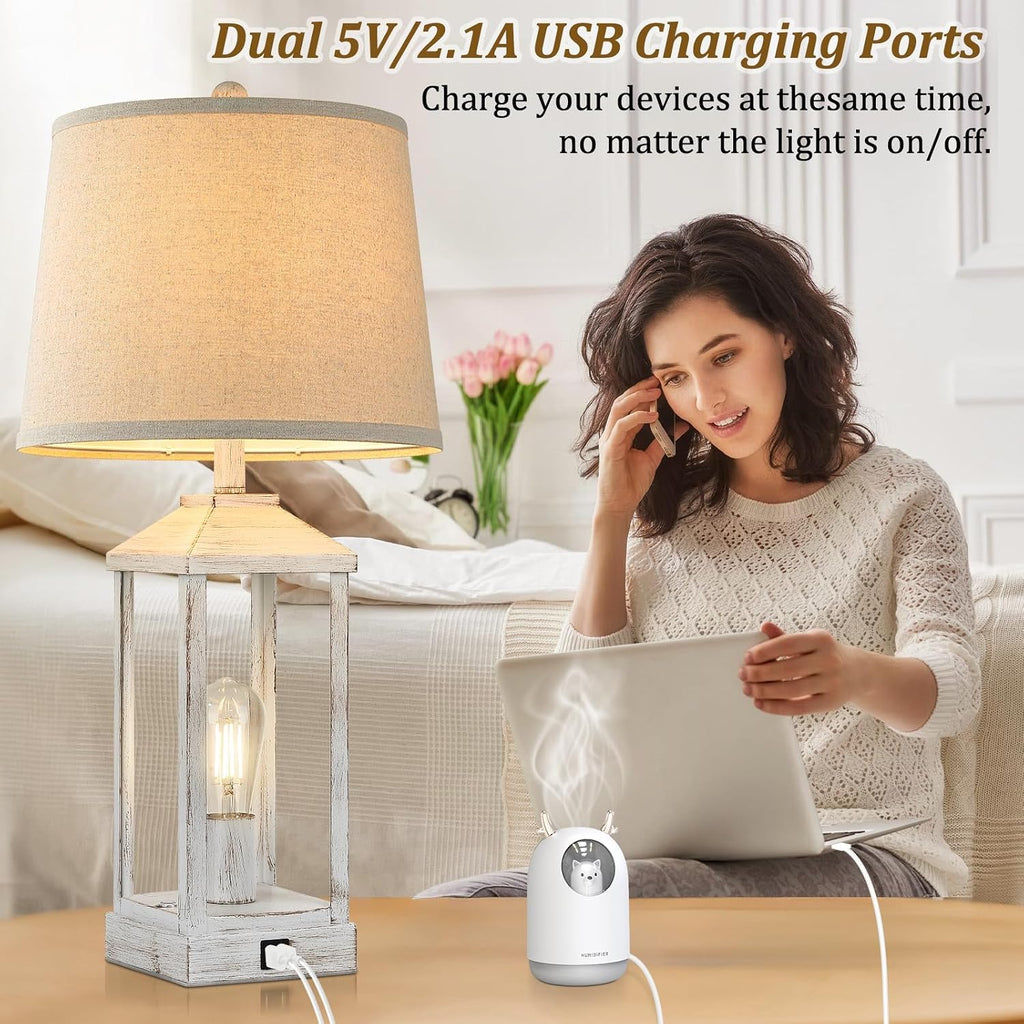 28' Farmhouse Table Lamps for Living Room Set of 2, 3-Way Dimmable Bedside Lamp with USB Ports, White Rustic Touch Control Nightstand Lamps for Bedroom, Modern Desk Lamp for Office, 4 Bulbs Included