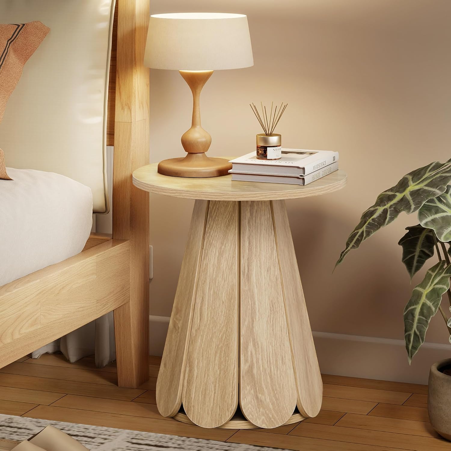 Round End Table Nightstand Set of 2, Mid Century Modern Side Table, Circle Bedside Tables Wood Night Stands for Bedroom, Living Room, Small Space, Natural
