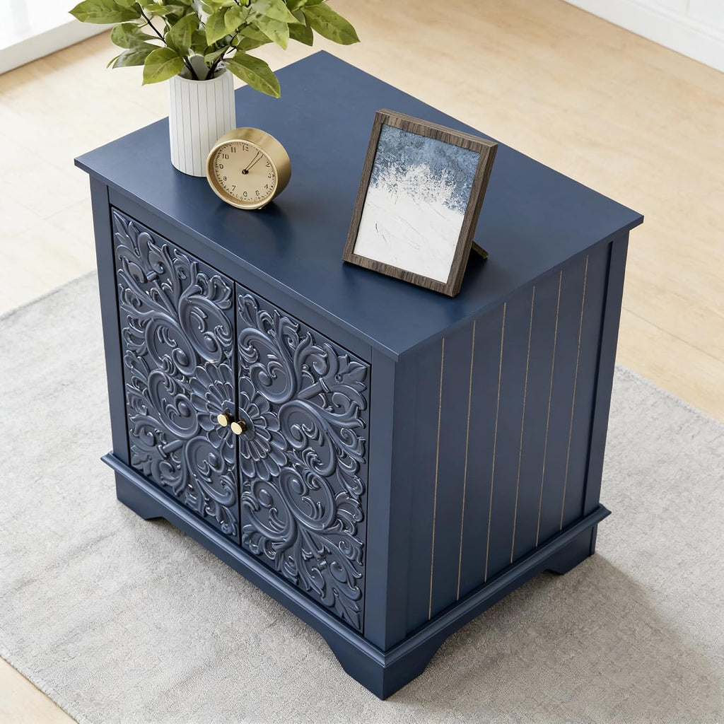 weselon Farmhouse End Table with Carved Floral Door, 24' Wide Nightstand with Adjustable Shelf, Wooden Square Sofa Side Table Storage Table for Living Room Bedroom (Midnight Blue)