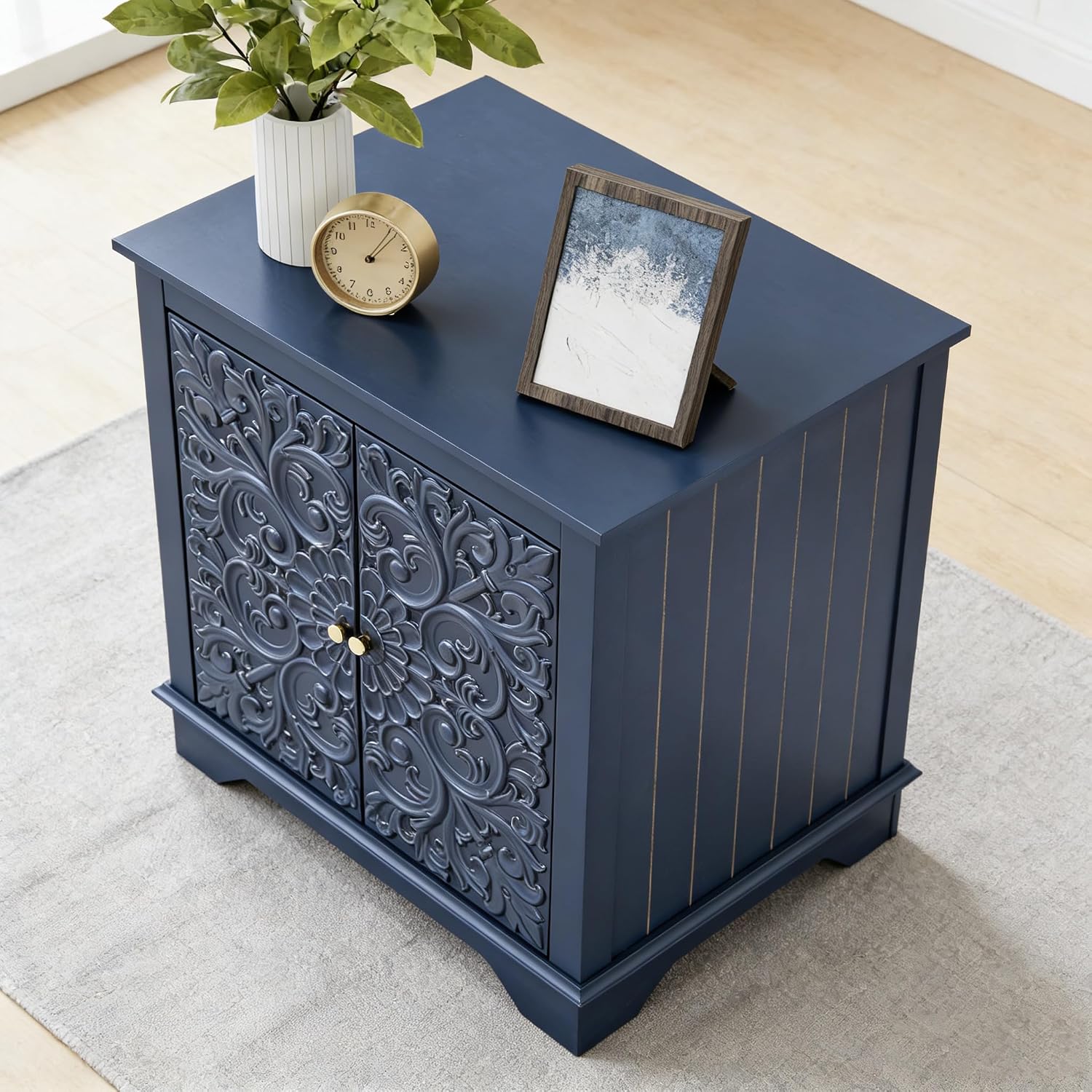weselon Farmhouse End Table with Carved Floral Door, 24' Wide Nightstand with Adjustable Shelf, Wooden Square Sofa Side Table Storage Table for Living Room Bedroom (Midnight Blue)