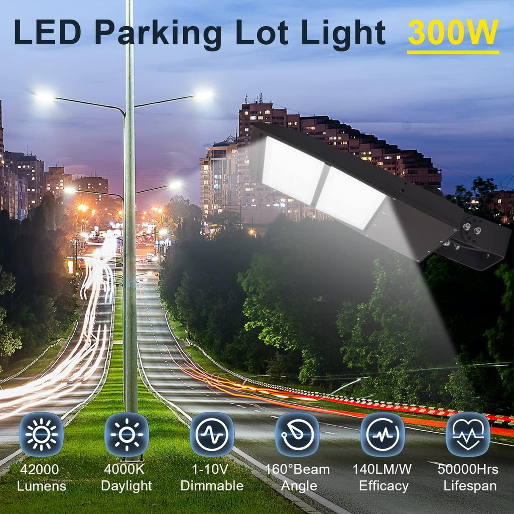 300W LED Parking Lot Light, 42000LM 4000K LED Shoebox Area Light, 0-10V Dimmable Commercial Outdoor Street Lighting (1000W HID/HPS Equivalent), IP65 20KV Surge Protection, AC100-277V UL Listed