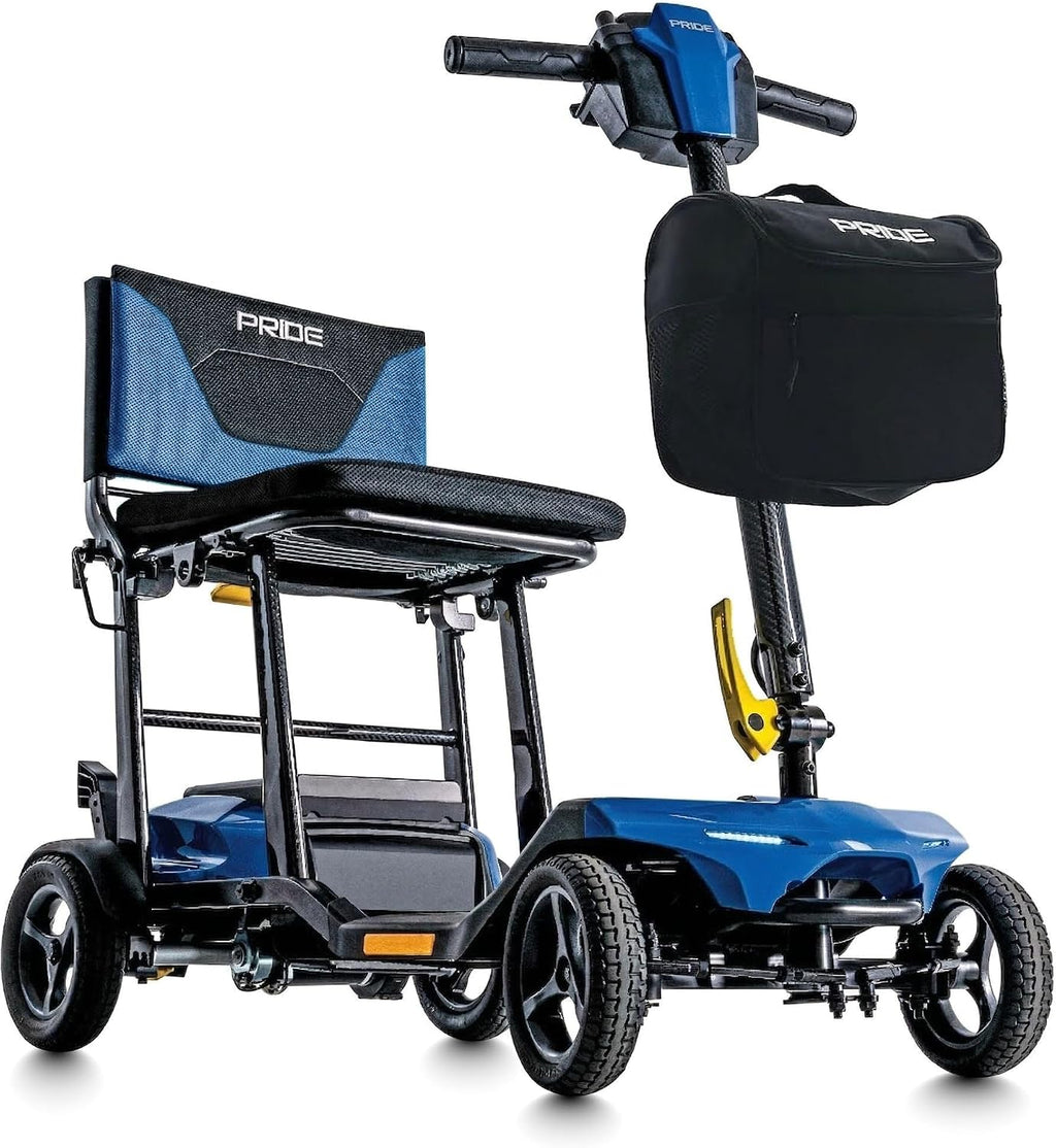 Pride Mobility Go-Go Super Portable 4-Wheel Folding Travel Mobility Scooter – 300 lbs Capacity, 4.5 mph, Airline-Approved Lithium Battery – for Seniors, Adults – Lightweight & Compact (True Blue)
