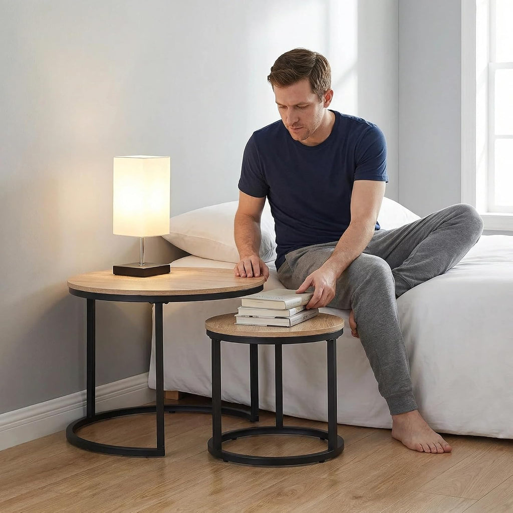 CENSI 24' Round Nesting Coffee Table, Accent Table, Natural Oak, Light Wooden Finish, Space-Saving, Modern Industrial Style