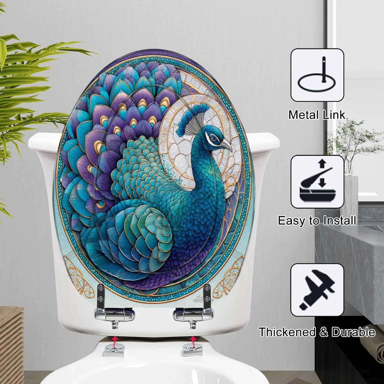 Elongated Toilet Seat Intricate Stained Glass Window Emerald Teal Design Resin Toilet Seat Slow Quiet Close Lid with Quick-Release Hinges Cover Bumpers Easy to Clean Install