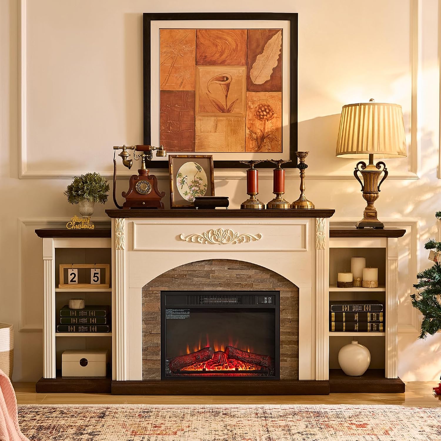 72' Electric Fireplace with Mantel, White TV Stand for TVs Up to 80 Inch, Farmhouse Entertainment Center with Storage for Bedroom,23'' Fireplace Insert Heater for Living Room