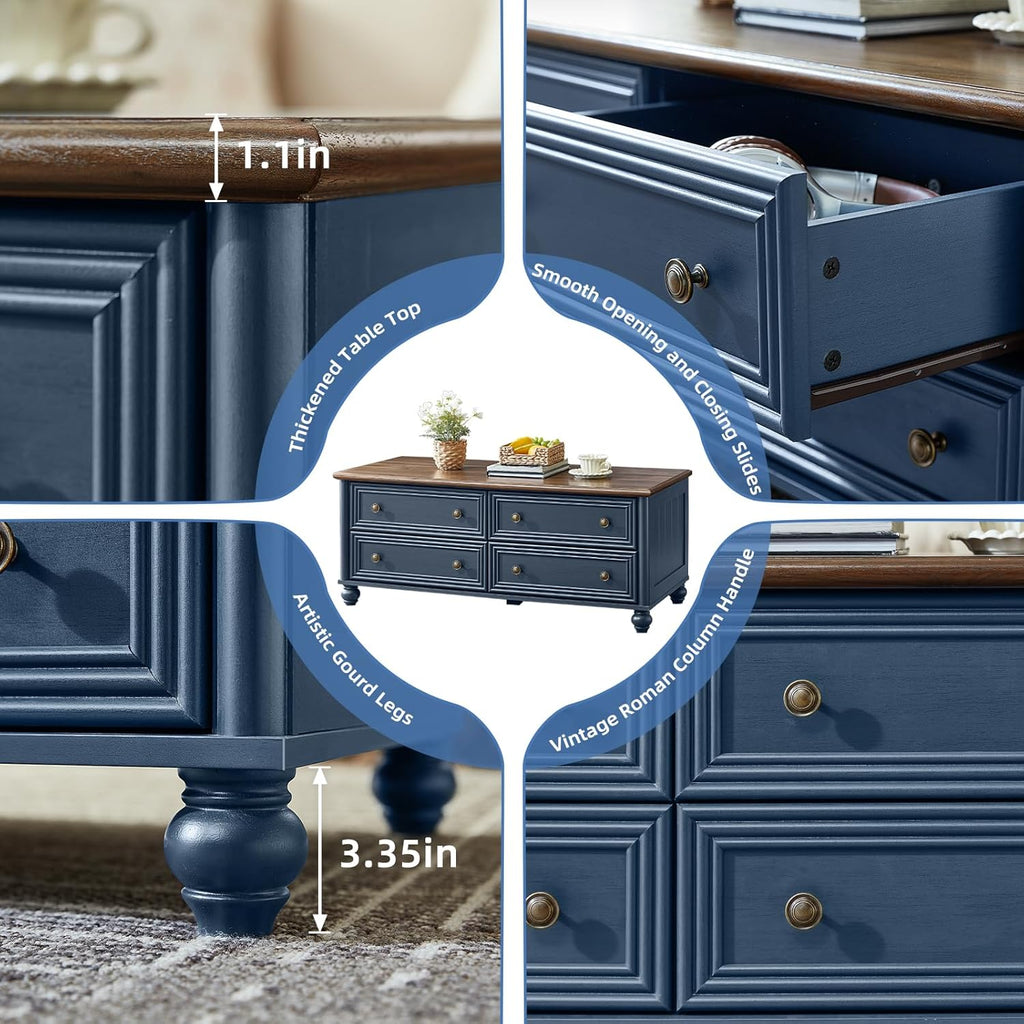 RWYHG Farmhouse Coffee and end Tables 3-Piece Set,Wood 48' Center Table with 4 Drawers,Large Sofa Side Table with Charging Station & with Glass Barn Door Storage for Home Living Room Hallway,Blue