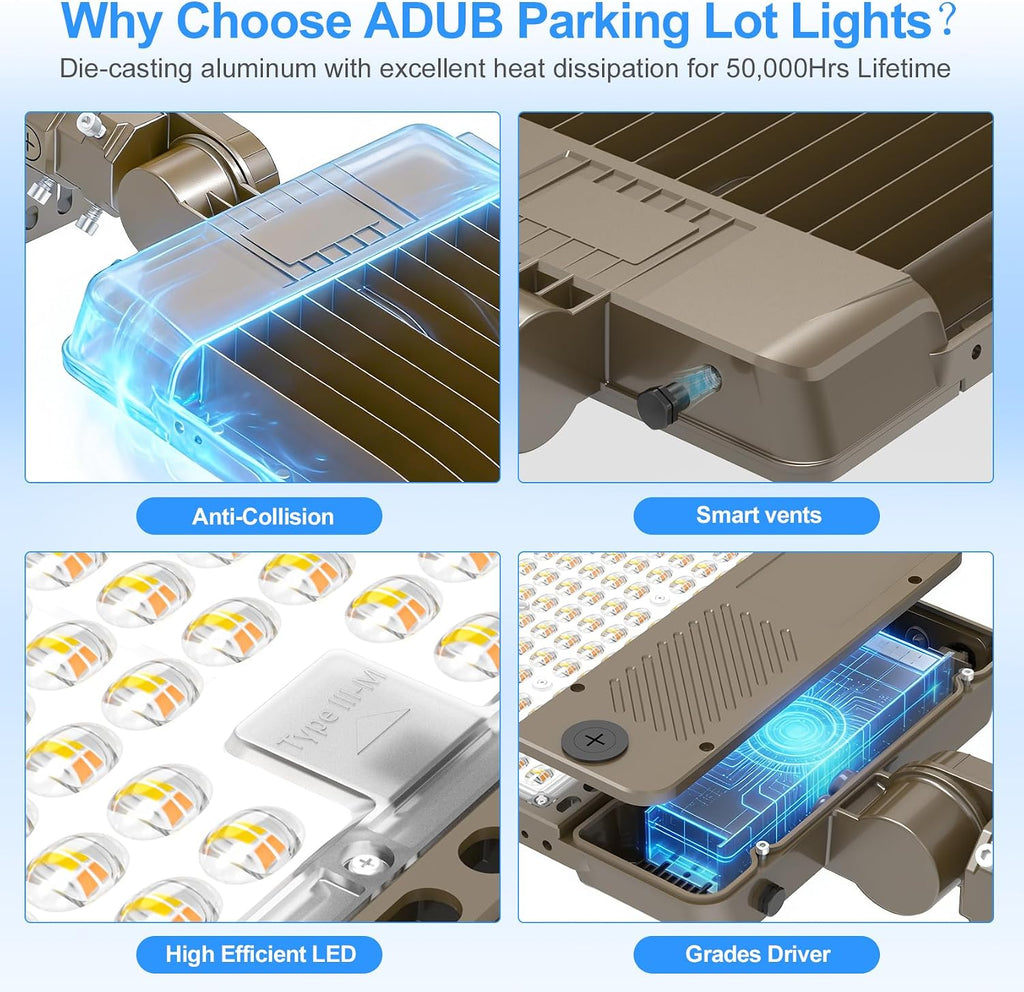 ADUB LED Parking Lot Light 360W/320W/240W Tunable 3CCT 3000K-5000K 54000LM 0-10V Dimmable ETL Listed IP65 Super Bright Shoebox Flood Light w/Photocell & Slip Fitter Commercial Outdoor Area AC100-277V