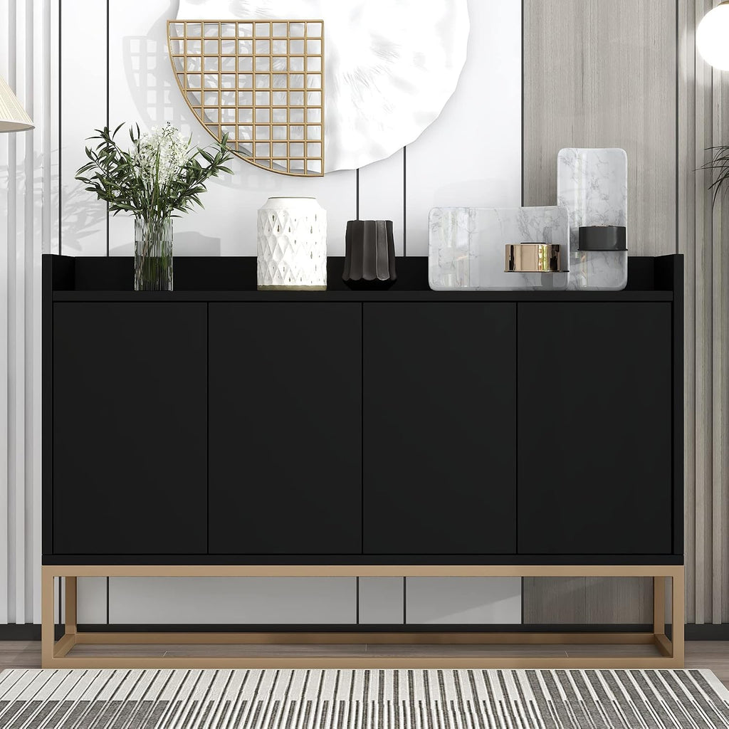 Sideboard Buffet Cabinet with Large Storage Space,Modern Particle Board Kitchen Console Table,W/ 4 Doors and Gold Metal Legs,Dining Room,Entryway,Black